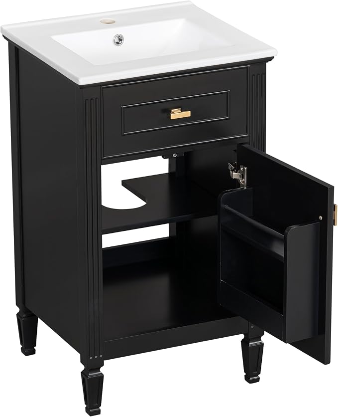 GDFStudio Hawthorne 20" Modern Bathroom Vanity with Sink, Freestanding Bathroom Vanity Organizer with Tilt Out Drawer, Adjustable Shelf and Solid Wood Legs, Single Sink Bathroom Vanity, Black
