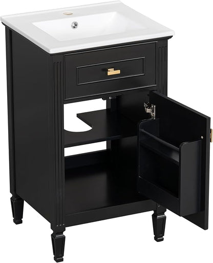 GDFStudio Hawthorne 20" Modern Bathroom Vanity with Sink, Freestanding Bathroom Vanity Organizer with Tilt Out Drawer, Adjustable Shelf and Solid Wood Legs, Single Sink Bathroom Vanity, Black