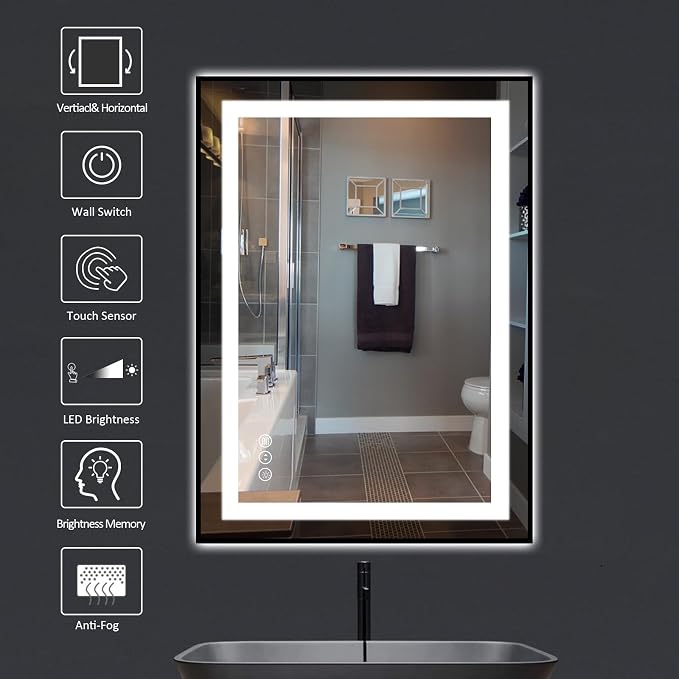20"X28" LED Bathroom Mirror with Black Frame, Front Lit and Backlit | Metal Framed Mirror, Stepless Dimmable, HD Reflection, Anti-Fog, Shatter-Proof, Memory, 3 Colors Lighting, UL Listed.