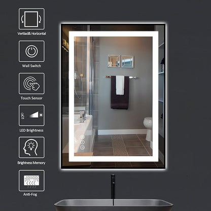 20"X28" LED Bathroom Mirror with Black Frame, Front Lit and Backlit | Metal Framed Mirror, Stepless Dimmable, HD Reflection, Anti-Fog, Shatter-Proof, Memory, 3 Colors Lighting, UL Listed.