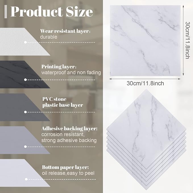 Spiareal 48 Pieces Peel and Stick Floor Tiles Vinyl Flooring 12 x 12 Inch Stick on Floor Tile Self Adhesive Waterproof DIY for Bathroom Kitchen Bedroom Living Room(White Marble)