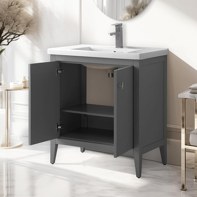 Vanity Art 30 inch Bathroom Vanity with Single Sink & Ceramic Top, Vanity Cabinet with Soft-Closing Door, Solid Wood Frame, Linear Pattern, Cashmere Gray, Golden Brushed Handware VA9130-G-GB