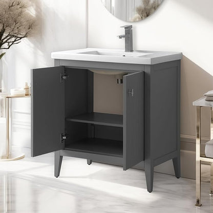 Vanity Art 30 inch Bathroom Vanity with Single Sink & Ceramic Top, Vanity Cabinet with Soft-Closing Door, Solid Wood Frame, Linear Pattern, Cashmere Gray, Golden Brushed Handware VA9130-G-GB