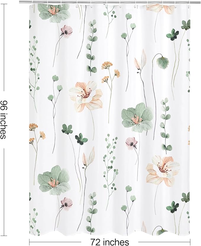 Sage Green Beige Watercolor Floral Fabric Shower Curtain, 72x96 | Waterproof Fabric, Modern Minimalist Floral Print, Machine Washable, Rustproof Grommets, for Bathroom Home, Extra Long