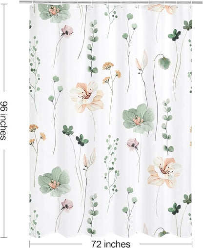 Sage Green Beige Watercolor Floral Fabric Shower Curtain, 72x96 | Waterproof Fabric, Modern Minimalist Floral Print, Machine Washable, Rustproof Grommets, for Bathroom Home, Extra Long