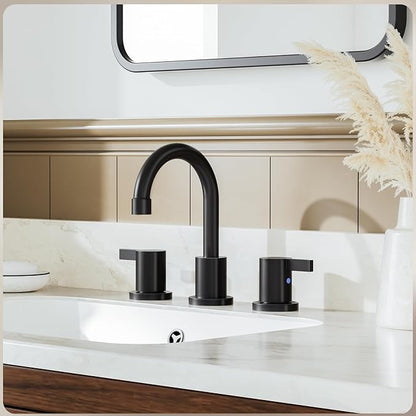 Phiestina Matte Black 8 Inch Widespread Bathroom Faucet 2 Handle 3 Hole Bathroom Vanity Faucet with Metal Pop Up Drain & Water Supply line,BF03042-K01-MB