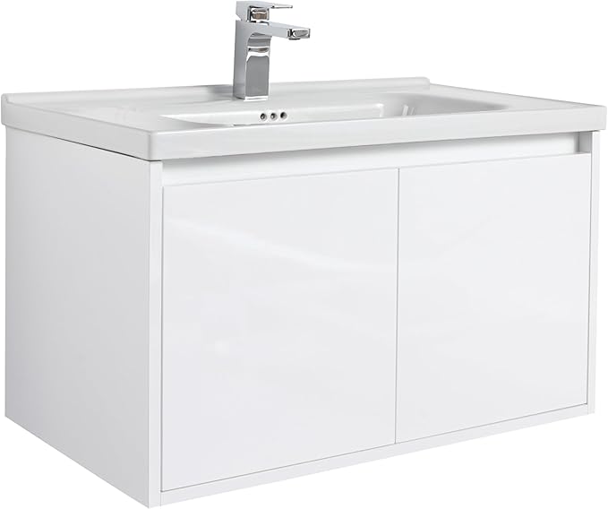 Blossom 32 Inch Wall Mounted Bathroom Vanity with Sink | Floating Wood Vanity Cabinet | Modern Soft-Close Doors & Storage | Ceramic Basin | Space-Saving Design (Glossy White, 32'' Ceramic Sink)