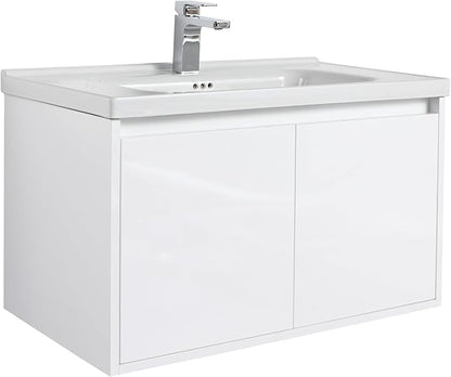 Blossom 32 Inch Wall Mounted Bathroom Vanity with Sink | Floating Wood Vanity Cabinet | Modern Soft-Close Doors & Storage | Ceramic Basin | Space-Saving Design (Glossy White, 32'' Ceramic Sink)