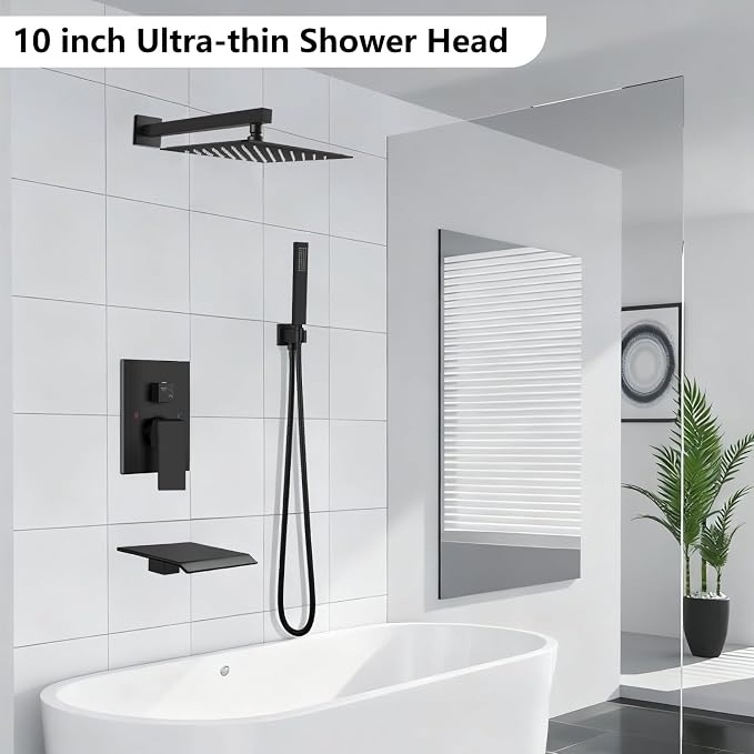Midanya Shower System with Tub Spout,10 Inch Shower Head,Matte Black | with Valve & Trim Kit,Square Rain Head,Handheld Sprayer,Waterfall Spout,All Metal Wall Mount Bathroom Shower Tub Faucet Set