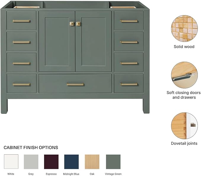 ARIEL Cambridge 48-inch Bathroom Vanity Base Cabinet,Solid Wood, 2 Soft Closing Doors, 9 Dovetail Drawers, Vintage Green