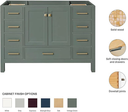 ARIEL Cambridge 48-inch Bathroom Vanity Base Cabinet,Solid Wood, 2 Soft Closing Doors, 9 Dovetail Drawers, Vintage Green