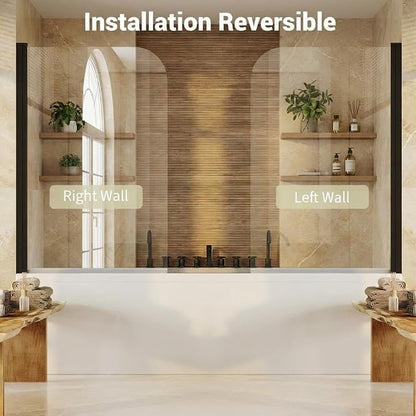 Bathtub Shower Door, Frameless 32" x 55" with 1/4" (6mm) Clear Tempered Glass Panel, Matte Black Tub Enclosure, Modern Design for Bathroom