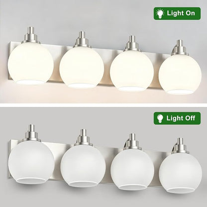 IZORRO Bathroom Light Fixtures, 4-Light Brushed Nickel Vanity Light, Modern Wall Sconces with Globe Milk White Glass Shade, Vanity Lighting Fixtures Over Mirror,E26 Bulb Socket