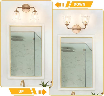Vintage Brass Vanity Light, 2-Light Bathroom Lighting Fixtures Over Mirror, Elegant Vanity Lighting for Bathroom with Clear Glass Shade, Gold Wall Sconce Lighting for Bedroom, Living Room
