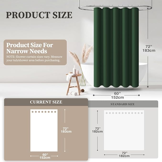 60x72 Linen Textured Waterproof Fabric Shower Curtain, Emerald Green | Narrow Size, 230GSM Polyester, Heavy Duty Cloth, Weighted Hem, 10 Plastic Hooks, Modern Luxury Hotel Style, Machine Washable