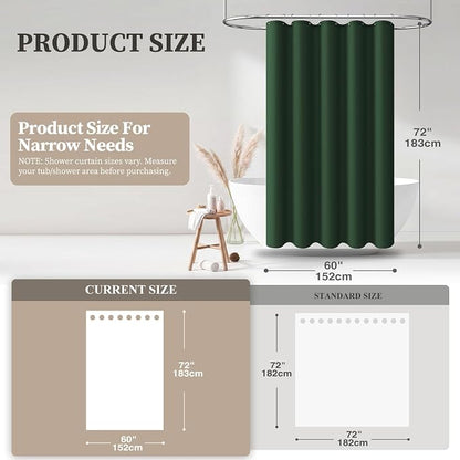 60x72 Linen Textured Waterproof Fabric Shower Curtain, Emerald Green | Narrow Size, 230GSM Polyester, Heavy Duty Cloth, Weighted Hem, 10 Plastic Hooks, Modern Luxury Hotel Style, Machine Washable