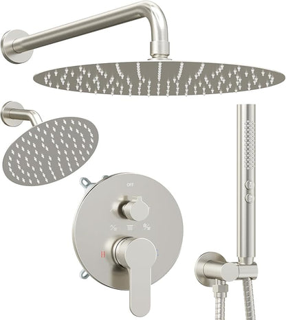 Shower Systems STARBATH 12+6" Round Dual Rainfall Shower Head with Handheld Spray for Two People, Wall Mounted 3 Way Rain Shower Faucet Sets Complete, Included Valve and Trim Kit, Brushed Nickel