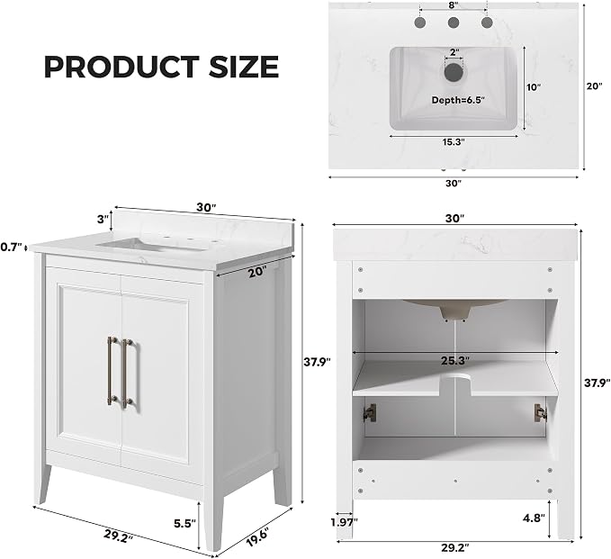 LIKIMIO 30" Bathroom Vanity with Sink, Engineered Stone Top, 2 Doors, White | Freestanding Bathroom Vanity, Engineered Stone Countertop with Undermount Ceramic Sink, Modern Bathroom Storage Cabinet
