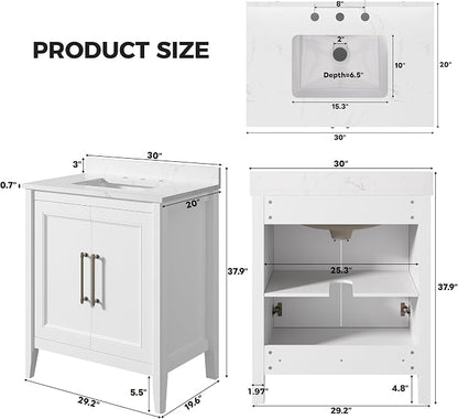 LIKIMIO 30" Bathroom Vanity with Sink, Engineered Stone Top, 2 Doors, White | Freestanding Bathroom Vanity, Engineered Stone Countertop with Undermount Ceramic Sink, Modern Bathroom Storage Cabinet