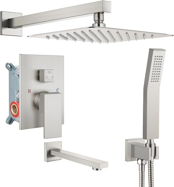 gotonovo Bathtub Shower Faucet Set, 10 Inch Shower Head, Brushed Nickel | Wall Mounted Shower System with Tub Spout for Bathroom, Square High Pressure Rain Shower head with Handheld Spray, All Metal