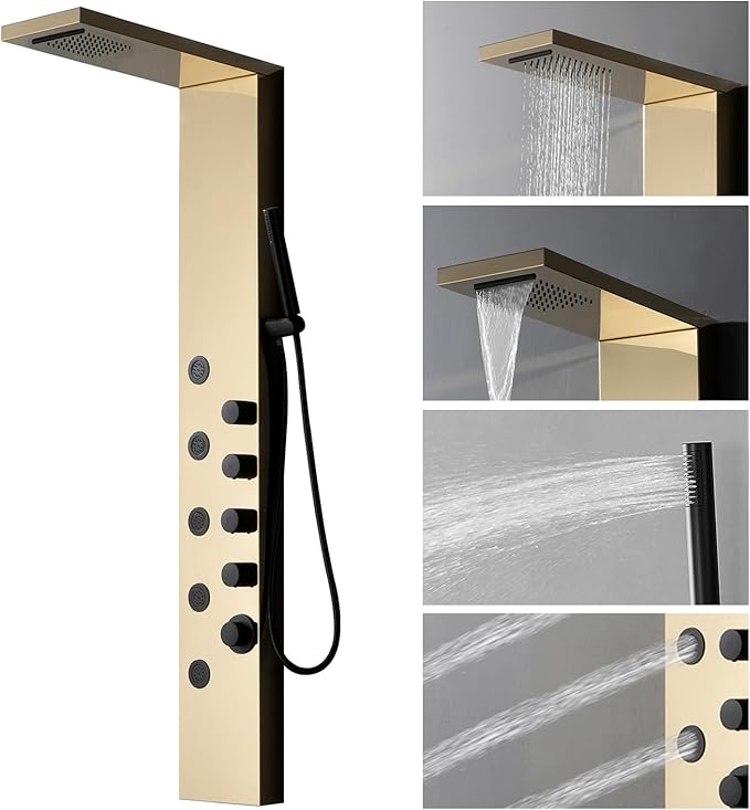 Homevacious Shower Panel Tower System with Rainfall Shower Head,5 Body Jets and Handheld Shower Head,Modern Massage Shower System Polished Gold and Black