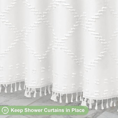 White Boho Woven Fabric Shower Curtain with Tassel 72x78, Tufted Textured | Modern Farmhouse Curtain for Bathroom, Long Bathroom Curtain, Minimalist Decor, Waterproof