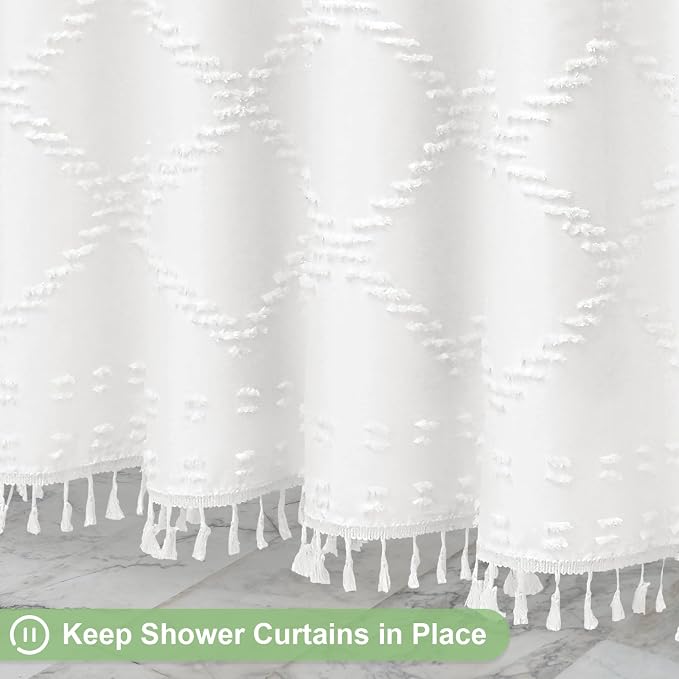 White Boho Woven Fabric Shower Curtain with Tassel 72x72, Tufted Textured | Modern Farmhouse Curtain for Bathroom, Standard Bathroom Curtain, Minimalist Decor, Waterproof