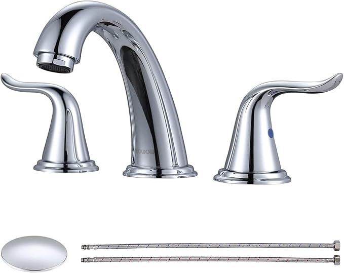 WOWOW 3 Hole Widespread Bathroom Faucet Chrome Bathroom Sink Faucets 2 Handle Bath Faucet 8 inch Vanity Faucet with Pop Up Drain Stopper Assembly Brass Mixer Taps for Bathroom Basin