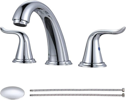 WOWOW 3 Hole Widespread Bathroom Faucet Chrome Bathroom Sink Faucets 2 Handle Bath Faucet 8 inch Vanity Faucet with Pop Up Drain Stopper Assembly Brass Mixer Taps for Bathroom Basin