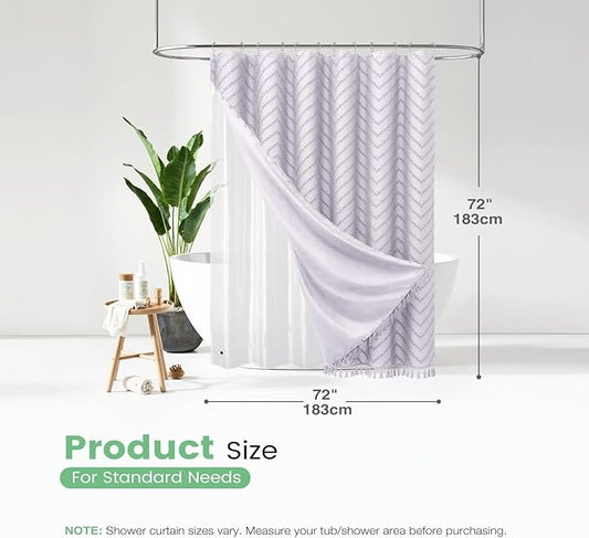 Dynamene Lavender Boho Shower Curtain and Liner Set, Farmhouse Fabric Shower Curtain and Waterproof Clear Liner, Tufted Chevron Striped Textured Tassel Shower Curtains for Bathroom, 12 Hooks, 72x72
