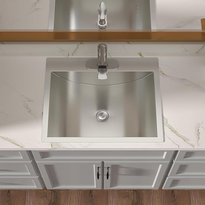 Lordear Stainless Steel Bathroom Sink 20x17 Inch Rectangular 304 Stainless Steel Vanity Topmount Lavatory Sink, Modern Drop In Bathroom Basin with Pop Up Drain Assembly