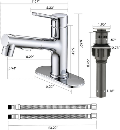 Bathroom Sink Faucet with Pull Out Sprayer, Single Handle Modern Bathroom Basin Faucet with Pop-up Sink Drain Stopper & Deck Plate 1 or 4-inch Centerset 3 Hole, Chrome
