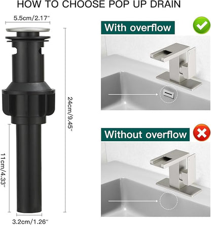 Hoimpro LED Waterfall Bathroom Faucet Brushed Nickel, Single Handle Bathroom Sink Faucet 1 Hole, 3 Colors Light Changing, with Pop-up Drain and cUPC Supply Lines, Stainless Steel