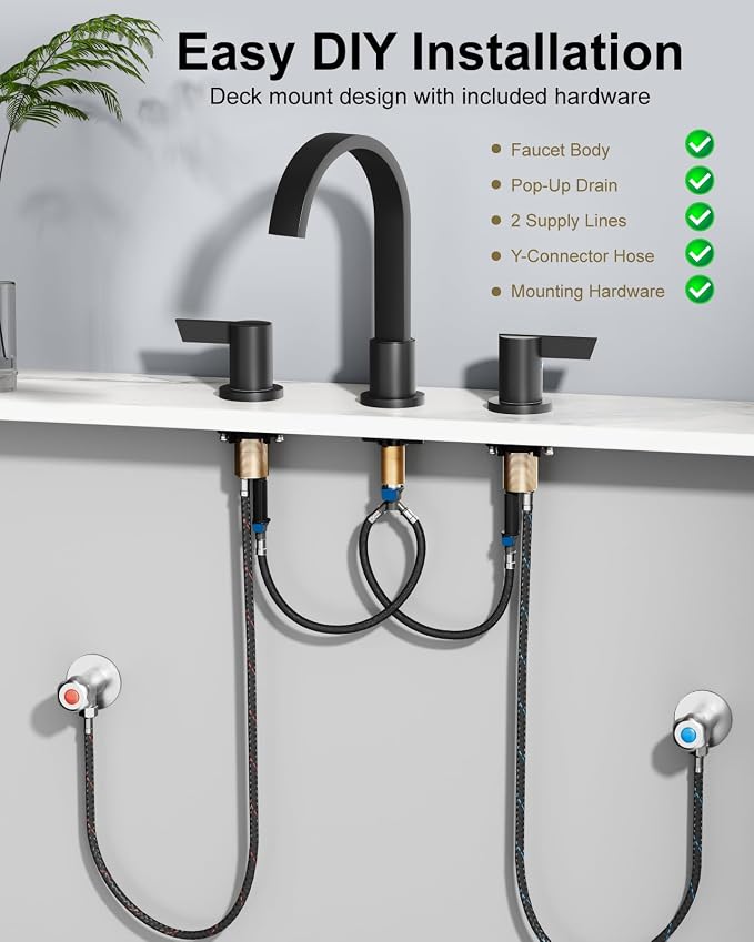 Matte Black 3 Hole Bathroom Faucet,8" Widespread Vanity Faucet | 2 Handle Waterfall Bathroom Sink Faucet with Pop-Up Drain,Supply Lines,360° Swivel Spout,Lead-Free Stainless Steel,Deck Mount