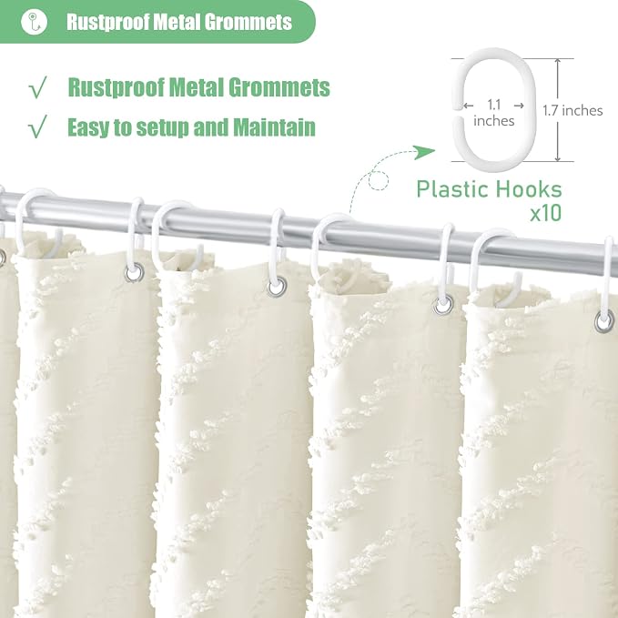 Stall Boho Farmhouse Shower Curtain Tufted Chevron 54"x72" Cream | 54 Inch Wide, Elegant Tassel, Lightweight Textured Fabric, Water Repellent, Washable, for Narrow Bathroom/Dorm 10 Hooks