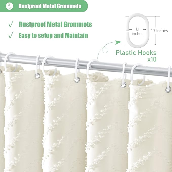 Dynamene Stall Fabric Shower Curtain, 60x72 inch Narrow Boho Tufted Chevron Striped Cloth Bathroom Shower Curtain, Weighted Neutral Waterproof Shower Curtain Set with 10 Hooks, Wrinkle Free, Cream