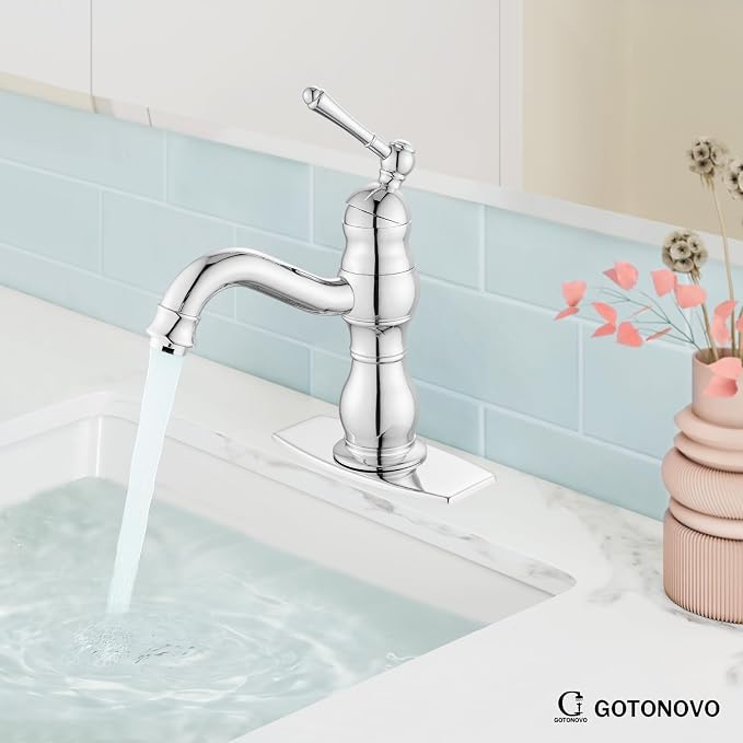 gotonovo Bathroom Faucet 1 Hole Vintage,Polish Chrome,5.9” Spout Reach | Bathroom Sink Faucet for 1 or 3 Hole Single Handle,Deck Plate,360° Swivel Spout,Pop Up Drain,cUPC Supply Hoses,for Vanity RV