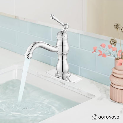 gotonovo Bathroom Faucet 1 Hole Vintage,Polish Chrome,5.9” Spout Reach | Bathroom Sink Faucet for 1 or 3 Hole Single Handle,Deck Plate,360° Swivel Spout,Pop Up Drain,cUPC Supply Hoses,for Vanity RV