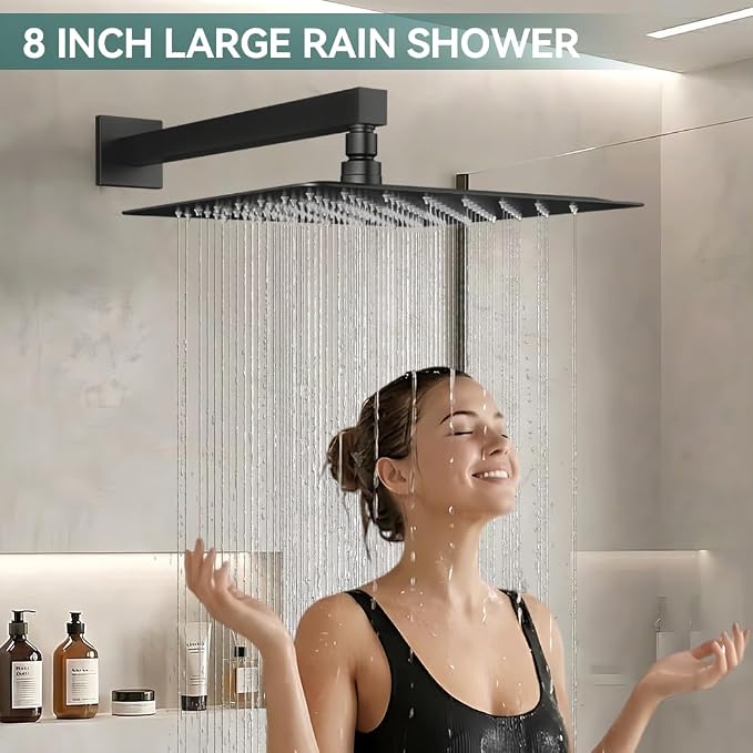 Shower System Shower Faucet Set, STARBATH 8" Wall Mount Rain Shower Head and Handheld Spray for Two Person, Rainfall Shower System with Diverter Valve and Trim Kit Complete,Matte Black