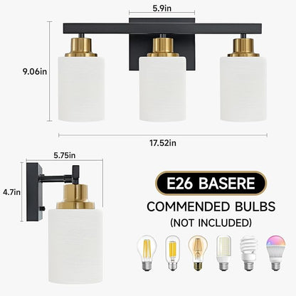 3-Light Vanity Lights,Black and Gold Bathroom Light Fixtures,17" | Modern Black Vanity Lights with White Frosted Glass Shade,Bathroom Lighting Fixtures over Mirror Wall Lamp Sconces