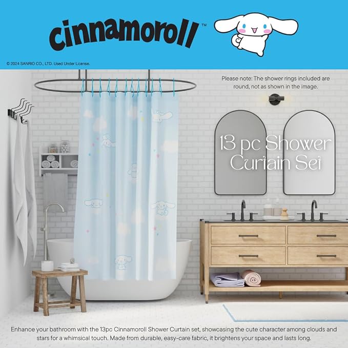 Cinnamoroll 13-Piece Shower Curtain Set, 72 x 72 Inch Fabric Curtain with Hooks, Bathroom Decor, Machine Washable, (100% Officially Licensed Product) by Franco Collectibles