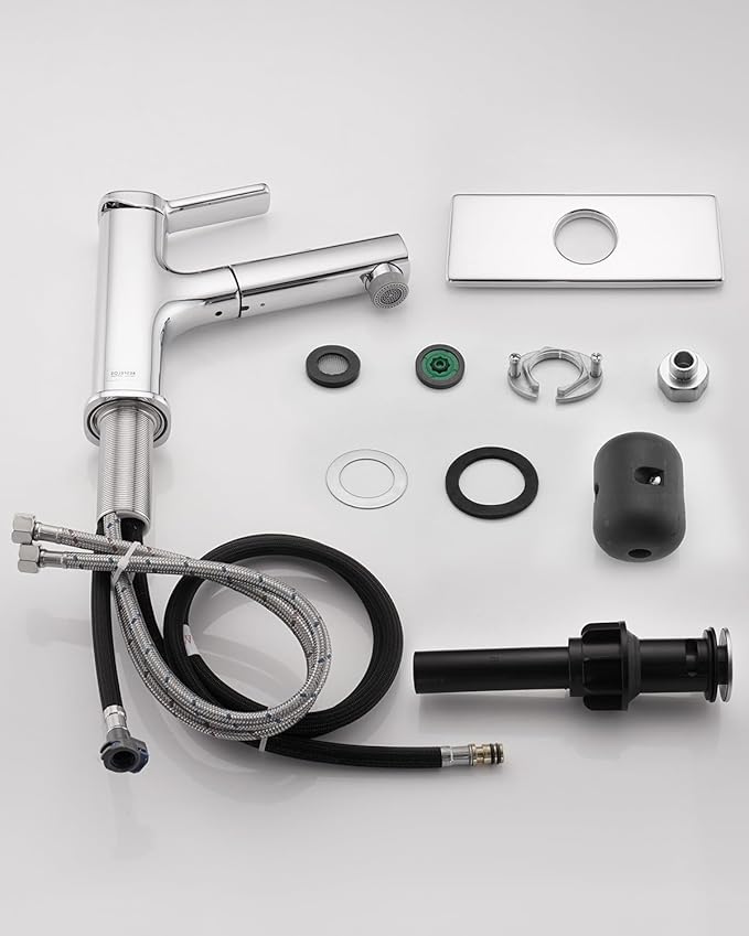 Pull Out Bathroom Faucet, Single Handle Bathroom Sink Faucet with Pull Out Sprayer, Bathroom Faucet for Sink, with Pop-up Drain & Deck Plate 1 or 4-inch Centerset 3 Hole, Chrome