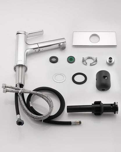 Pull Out Bathroom Faucet, Single Handle Bathroom Sink Faucet with Pull Out Sprayer, Bathroom Faucet for Sink, with Pop-up Drain & Deck Plate 1 or 4-inch Centerset 3 Hole, Chrome