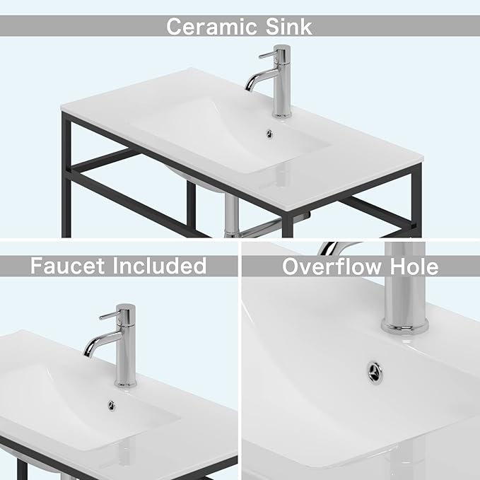 wonline 36" Bathroom Vanity Metal Frame with Sink Top, Floating Vanity with Open Shelf, Modern Wall Mounted Bathroom Cabinet Set with White Sink