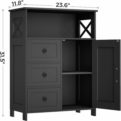 Homhedy Bathroom Storage Cabinet with 3 Drawers, Toilet Paper Cabinet | Farmhouse Freestanding Floor Cabinet with Door and Adjustable Shelf, Small Cabinet for Bathroom, Living Room, Black
