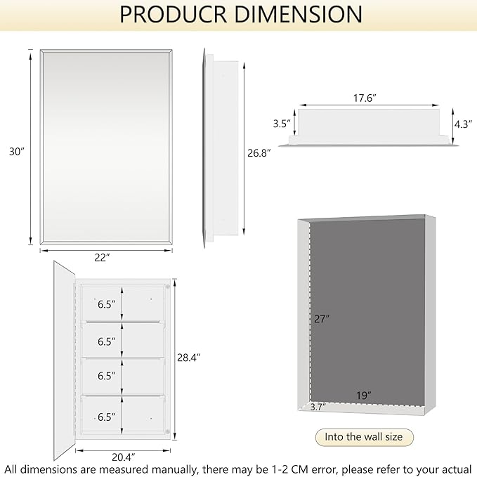 Medicine Cabinet with Beveled Mirror-22x30 inch Rectangular Beveled Frameless Mirror Cabinet, Waterproof Bathroom Storage Cabinet, Removable Shelves, Recessed or Surface Mount