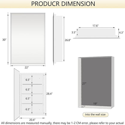 22"x30" Medicine Cabinet,HD Bathroom Mirror Cabinet with Beveled Mirror,Removeable Shelves, Recessed and Surface Mount,Frameless Bathroom Mirror with Storage