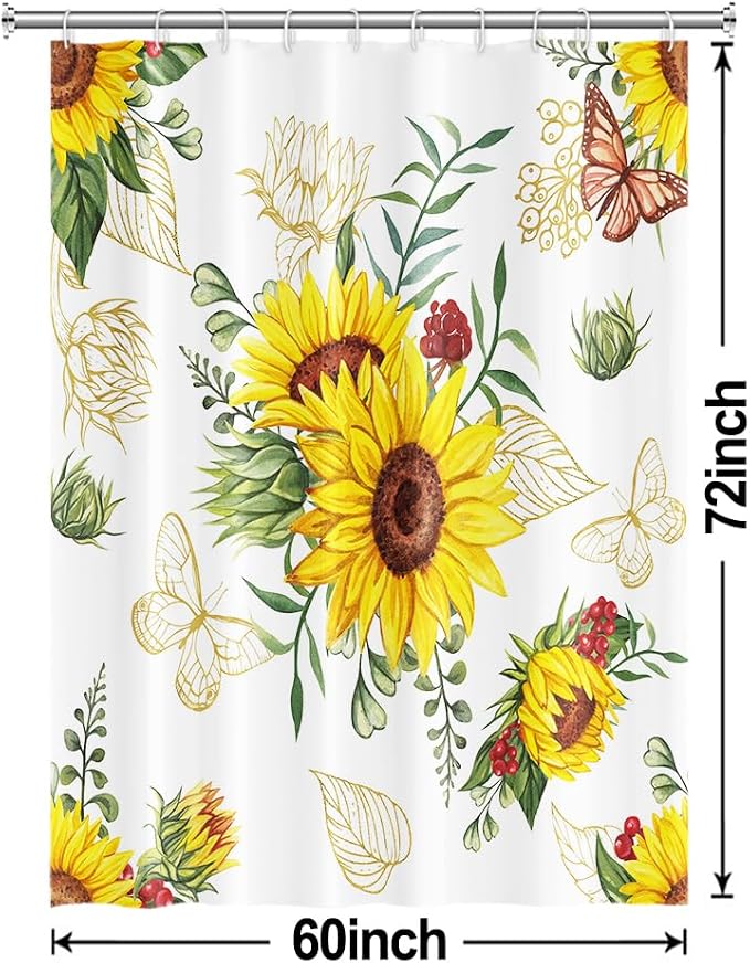 AWERT Vibrant Sunflower Shower Curtain for Bathroom,Waterproof Fabric Plants Shower Curtain with Hooks 60x72 inch