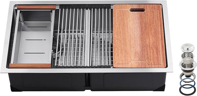 VEVOR 33 inch Kitchen Double Sink, 304 Stainless Steel Undermount Sink Drop-In Single Bowl Farmhouse Basin with Ledge & Multiple Accessories, Household Dishwasher Sinks for Prep Kitchen, Bar 33"*19"