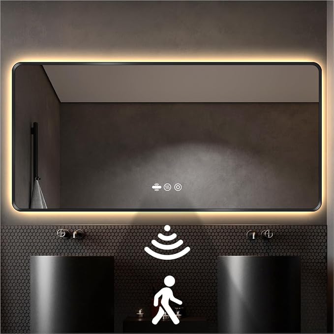 72" x 36" Black LED Mirror for Bathroom with Lights - Motion Sensor | Smart Backlit Mirror Bathroom, Anti-Fog, Stepless Dimmable & 3-Color, Metal Framed Rounded-Corner, UL-Listed, CRI≥93